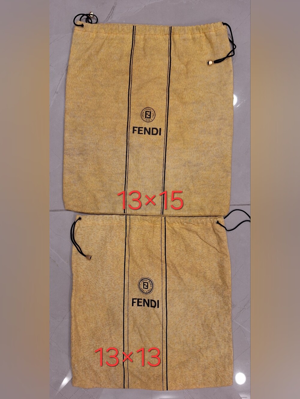 FENDI Roma Drawstring Dust/Shoe Bags Set of 2 Made in Italy Yellow/Beige